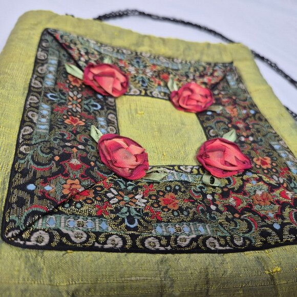 Karin Varvar Embroidered Embellished Textured Crossbody Handbag Purse Green - Picture 4 of 6